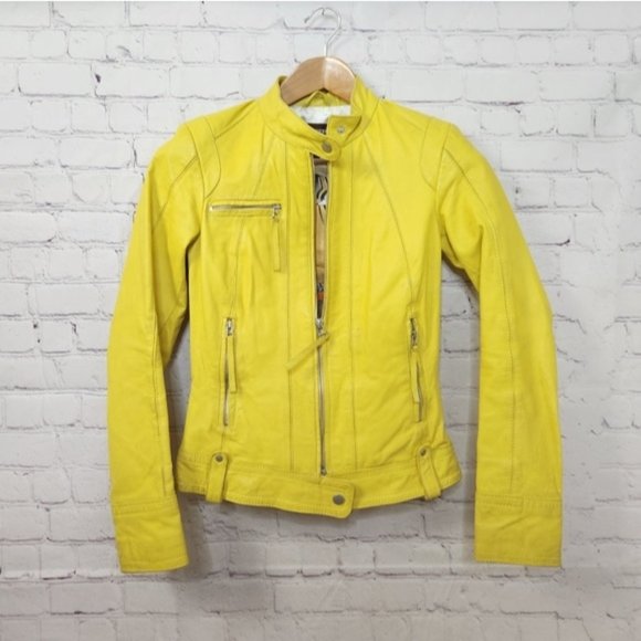 Vintage Jackets & Blazers - Danier Vintage Yellow Leather Moto Motorcycle Jacket 90s 1990s Funky Boho
